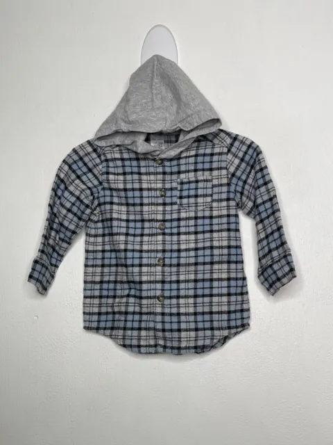 Carters Hooded Flannel Shirt Baby Boys Size 12 Months Long Sleeve Button Up Bluw