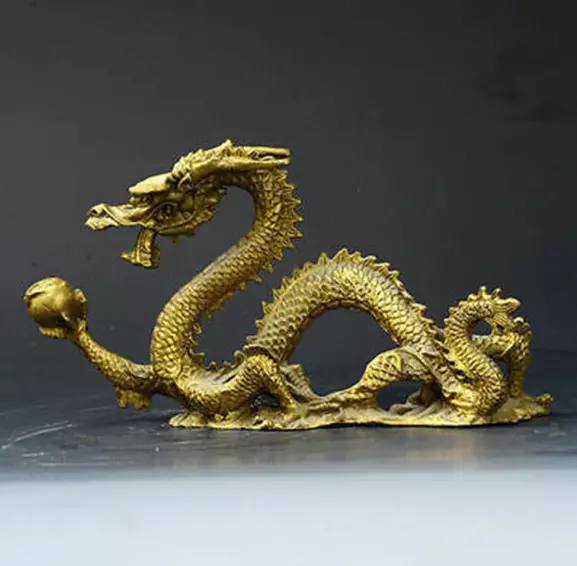 Chinese Lucky Feng Shui Dragon Brass Hand-carved Statue figure table decoration