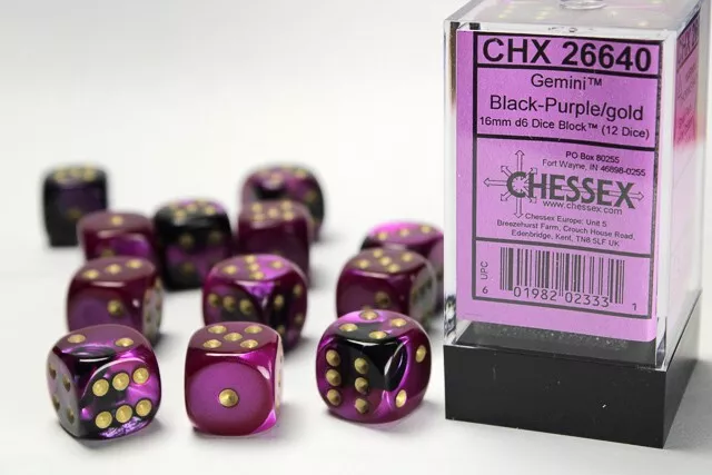 Chessex Gemini Nero/Viola Con Oro 12 Dadi Set - 6 Laterale 16mm d6 Dadi Blocco