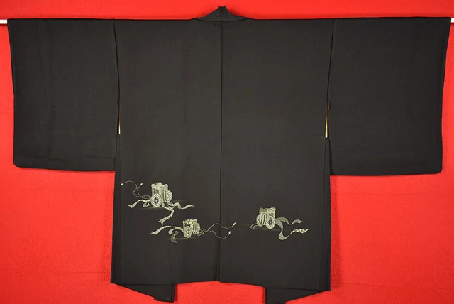 Vintage Japanese Kimono Silk Antique BORO Black HAORI Kusakizome Woven/A381/545