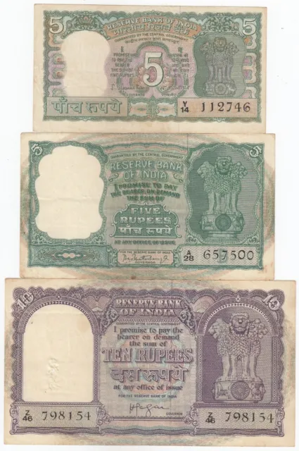 India, 5, 5, 10 Rupees, Lot of 3, All Different Old Issue, XF Rare