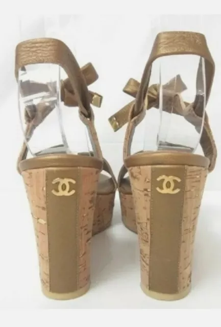 AUTH CHANEL SANDALS Wedge Heels Leather CC logo with Ribbon Strap