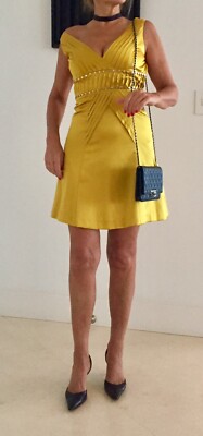 NWT Karen Millen Mustard Yellow Gold A-line Satin Silk Short Mini Dress Sz S