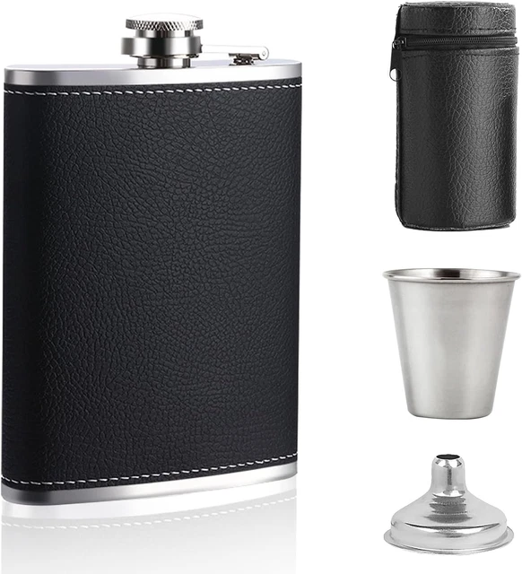 Coffret Flasque Alcool Etui Cigarette Simili Cuir Noir - 25,90