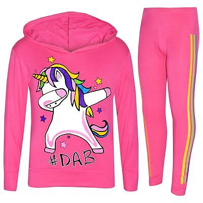 Kids Girls Unicorn Rainbow #Dab Floss Pink Top Legging Set Xmas Tracksuit 7-13Yr