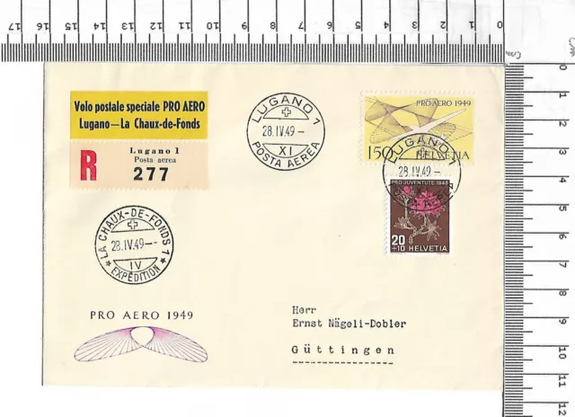 R Lugano 28.iv deuxième jour Pro Aero 1949 volo postale speciale chaux de; 61648