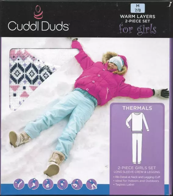 Cuddl Duds Girls Thermal Layers 2 Pcs Long Sleeve Pant M 7-8 Ivory Snowflake New