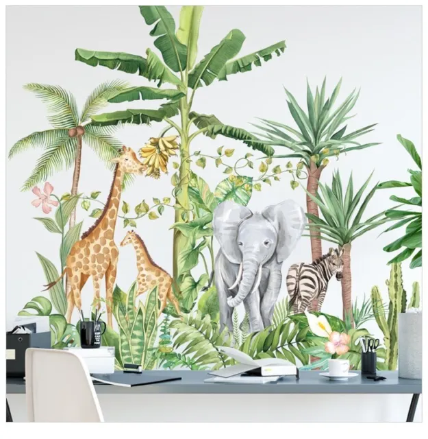 Cartoon Tropical Rainforest Animals Elephant Giraffe Nordic Plant Wall Stickers