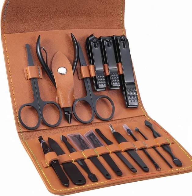 Kit Tagliaunghie per Manicure e Pedicure 16pz Con Custodia in Pelle Portatile