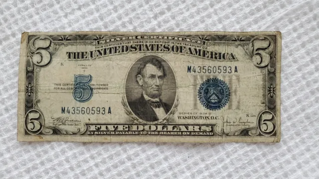 1934 $5 Five Dollar Silver Certificates, Serial# M43560593A