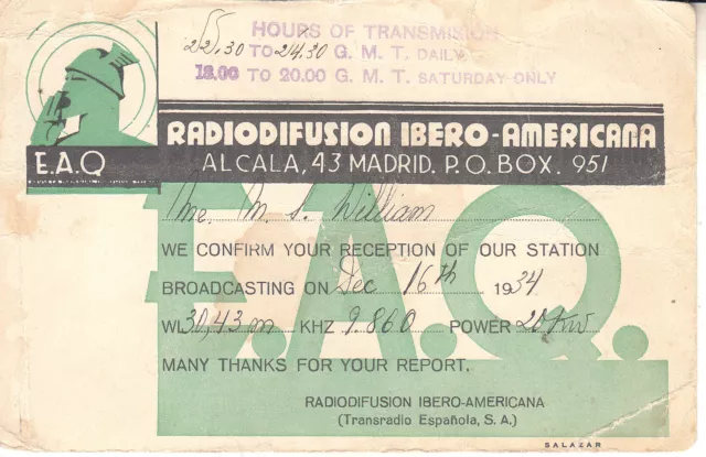 EAQ QSL Card--Madrid Spain 1934 SWL