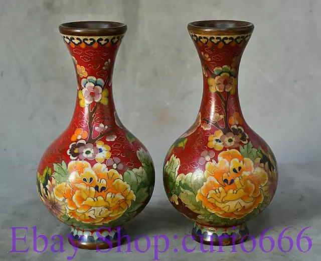 8" Marked Old Chinese Copper Cloisonne Dynasty Palace Flower Bottle Vase Pair