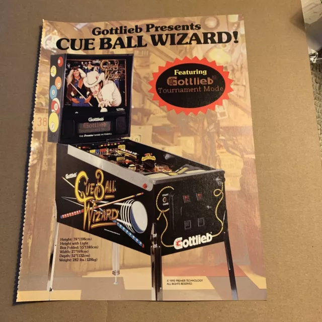 Original 1992 ad 11- 8” Cue Ball Wizard Gottlieb Pinball arcade  game AD FLYER