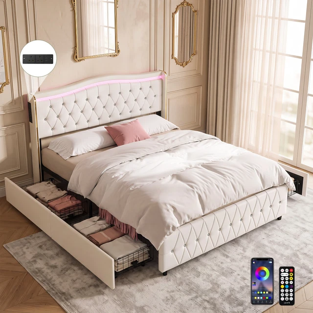 LED WINGBACK BED Chesterfield Frame Dresn Charging Luxury Headboard ...