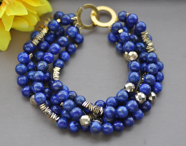 Z10228 5Row 8" 8mm Natural Round lapis lazuli Gold Hematite Bracelet