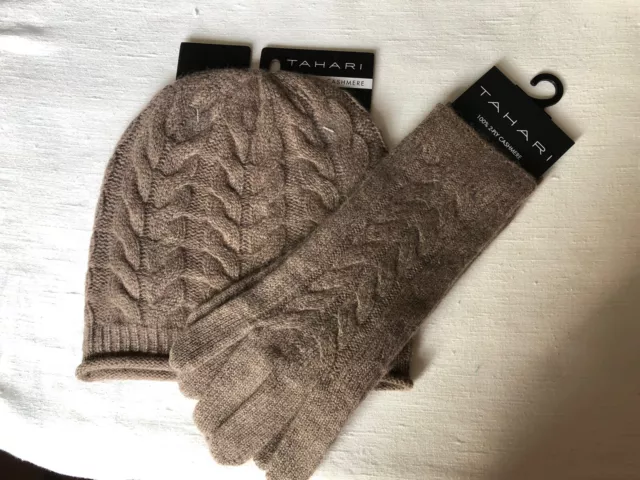 NWT Tahari Brown 100% Cashmere Horseshoe Beanie hat gloves set one size