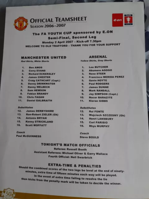 MANCHESTER UNITED v Arsenal 2.4.2007 FA YOUTH CUP semi final rare