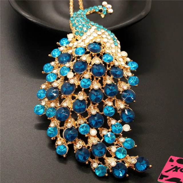 Betsey Johnson Gifts Blue Crystal Ornate Peacock Animal Pendant  Necklace