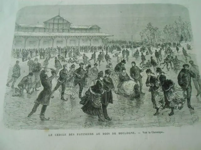 Gravure 1875 - Le cercle des Patineurs au Bois de Boulogne