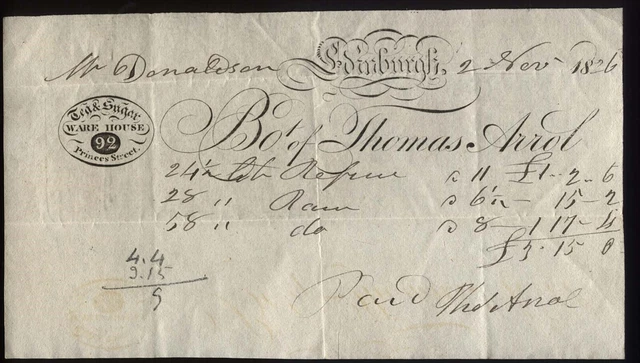 1826 EDINBURGH-Thomas Arrol-TEA & SUGAR WARE HOUSE fine billhead