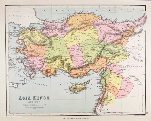 OLD ANTIQUE MAP ASIA MINOR CYPRUS  c1881 by BARTHOLOMEW CHAMBERS PRINTED  COLOUR