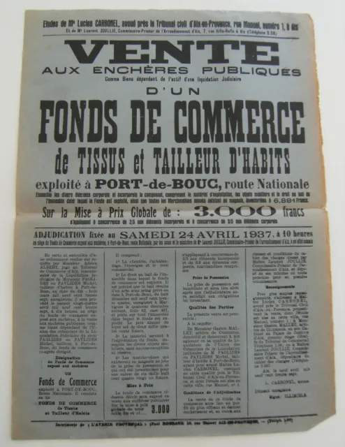 Affiche vente enchère commerce tissus et tailleur d'habits 1937 Port de Bouc