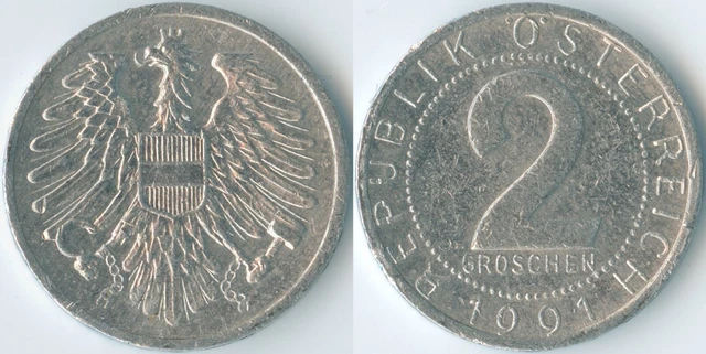 Austria 1991 2 Groschen KM# 2876 Al-Mg Second Republic Coat of Arms Eagle Value