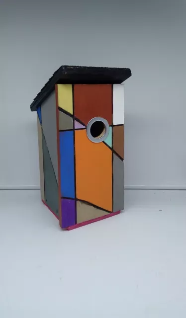 Modern Birdhouse Mondrian Style Color Blocking & Etched Lines 