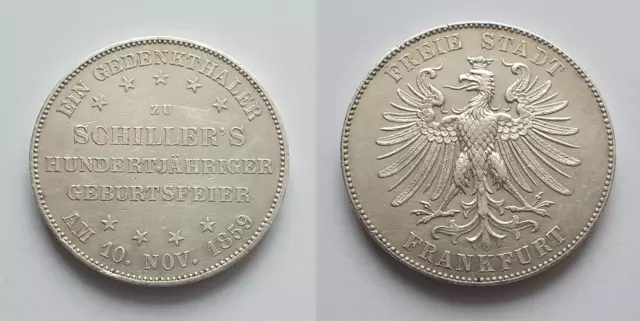 Silber Taler 1859 Schiller Geburtstag Freie Stadt Frankfurt Gedenktaler selten