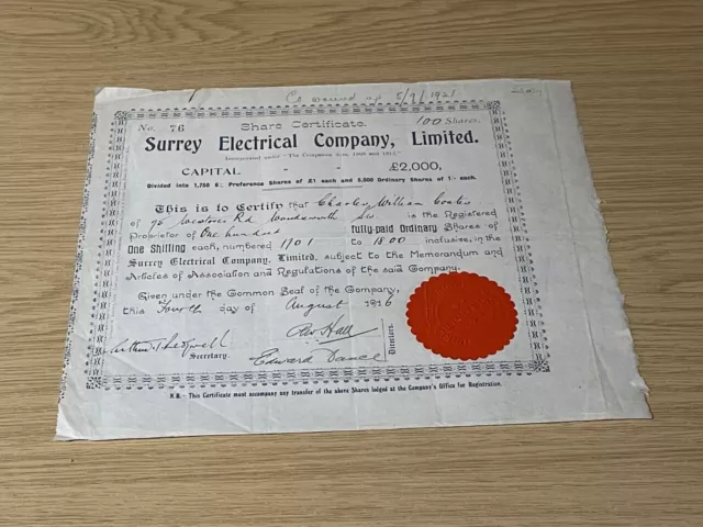 1916 Surrey Electrical Company Limited Share Certificate 100 Shares