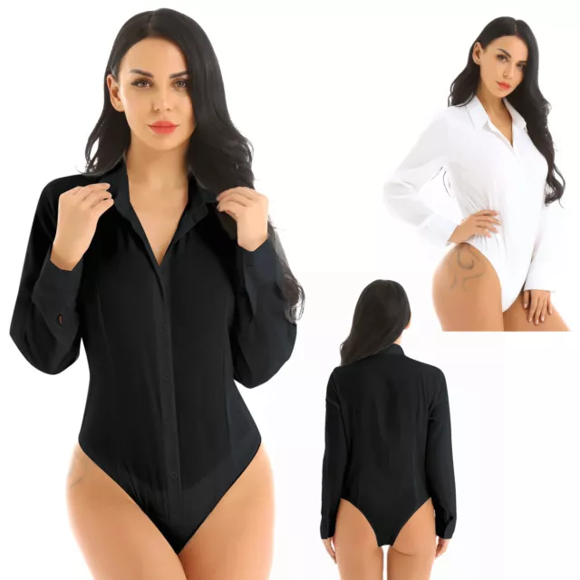 Women Long Sleeve Easy Care Work Bodysuit Shirt One-Piece Button Down Top Blouse