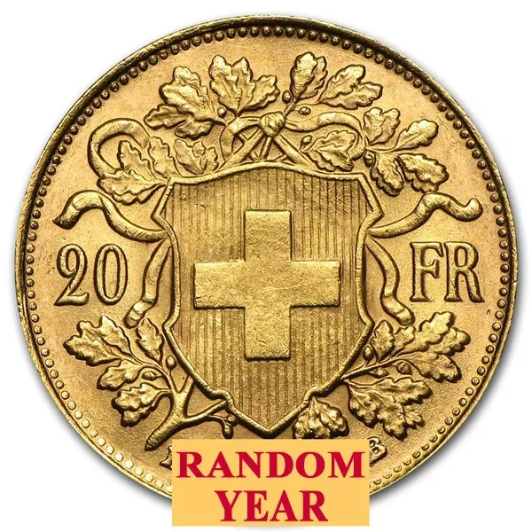 Swiss Gold 20 Francs Helvetia 0.1867 oz of Gold Avg - Random Year