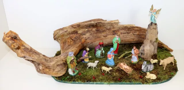 XXL Wurzelkrippe Weihnachtskrippe + 13 Krippenfiguren komplett Holz 80 cm groß