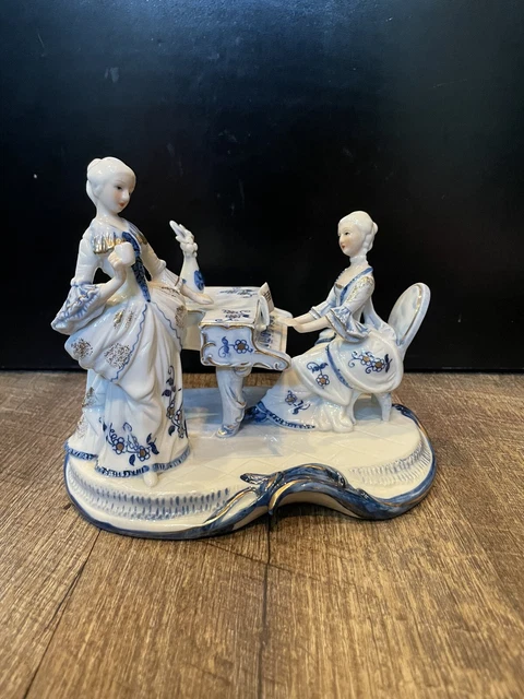 Vintage Victorian Style Porcelain Figurine Woman Playing Piano White/Blue/Gold