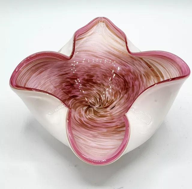 VTG Murano Art Glass Deep Pink Lily/Rose Micro Glitter Aventurine Bowl 8.5"