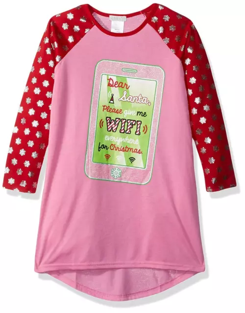 Komar Kids Girls' Big Holiday Print Jersey Nightgown, Red WiFi, Pink, X-Small