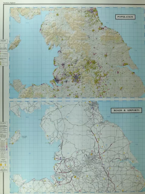 Vintage Large Map Northern England Population Roads & Airports Traffic