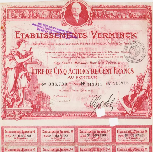 Etablissements Verminck - Titel Von Five Aktionen 100 Franken 1920 - Frankreich