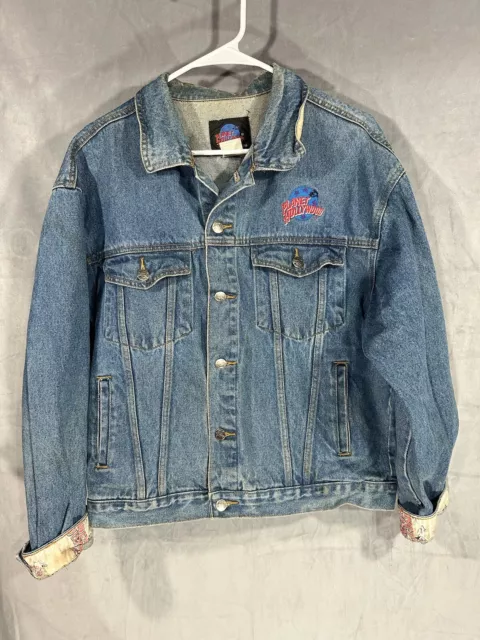 Vintage Planet Hollywood Button Up Denim Jean Trucker Jacket small 1991 Blue 90s