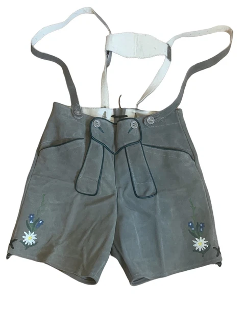 Authentic Vntg Oktoberfest Lederhosen AUSTRIA Taupe Green Suede Leather Youth 36