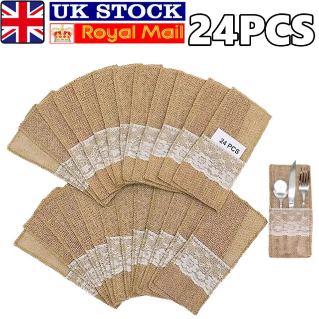 24PCS Hessian Burlap Lace Cutlery Holder Pouch Vintage Wedding Decoration