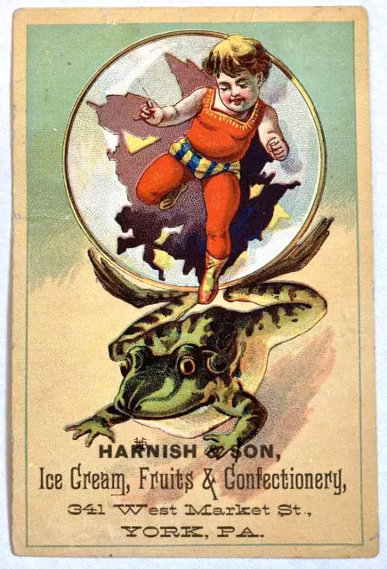 Antique 1880s Trade Card Harnish & Son Ice Cream Confectionery Frog Circus