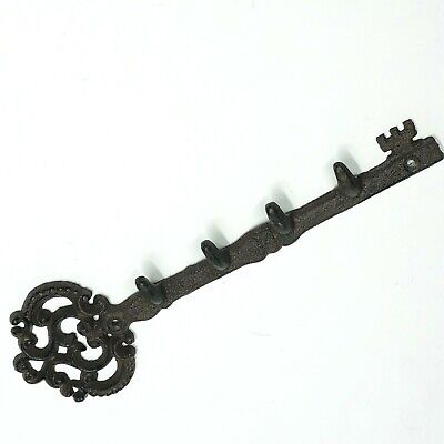 Large Cast Victorian Design Iron Skeleton Key Decor w/ 4 Coat or Key Hooks (W)