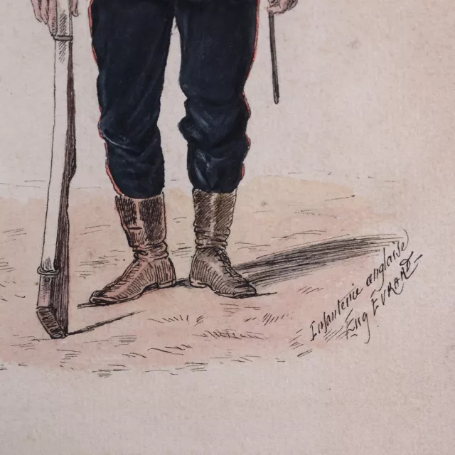 Dessin Aquarelle "Infanterie Anglaise" signée Eugène Evrard XIXe siècle 3