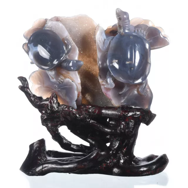 7.52" Natural Geode Agate Turtle Couple Mascot Carving Reiki Decor Gift# AY79