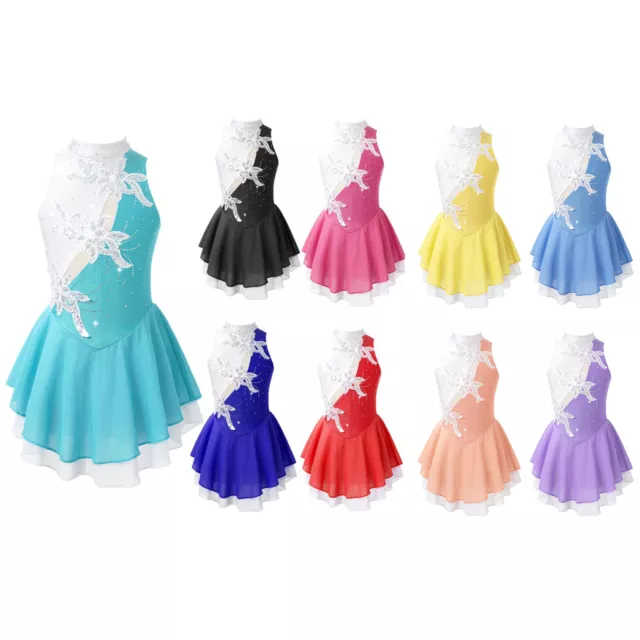 Kids Girls Shiny Sequins Roller Ice Skating Dress Dance Performance Costumes