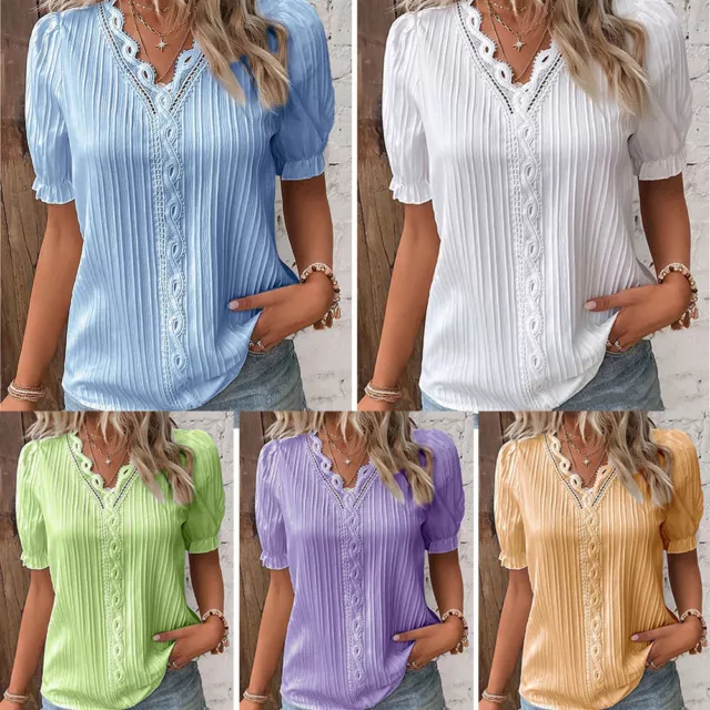 Women's Summer V Neck T Shirt Ladies Casual Shirt Short Sleeve Tunic Tops Blouse