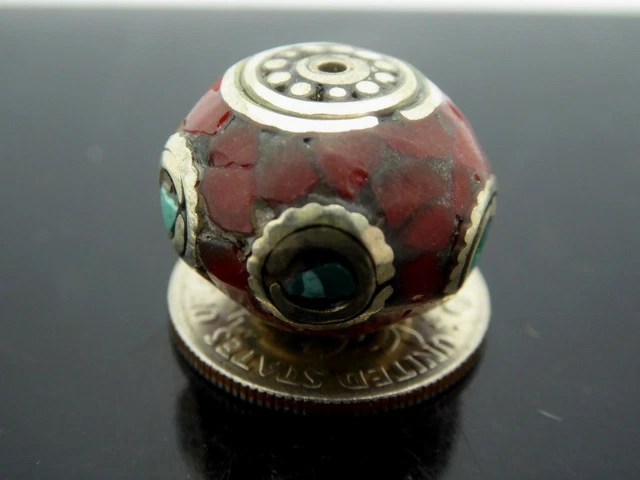 Vintage Nepalese Natural Inlaid Coral Turquoise Rondelle Pendant Focal Bead 1 Pc 7