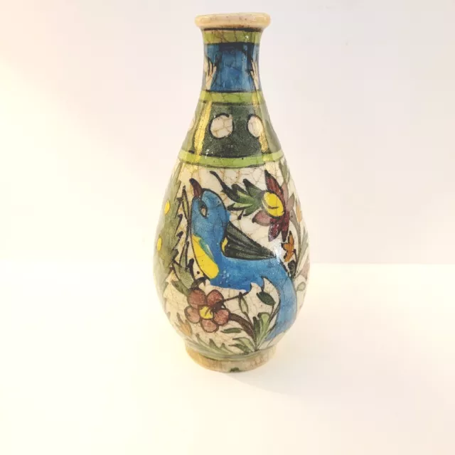 Antique Iznik Bottle Vase Persian Qajar Pottery Hand Thrown & Painted 8" Tall EC