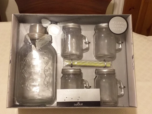 BARCRAFT Vintage-Style Glass Cocktail Set with Cocktail Shaker & Mini Jars